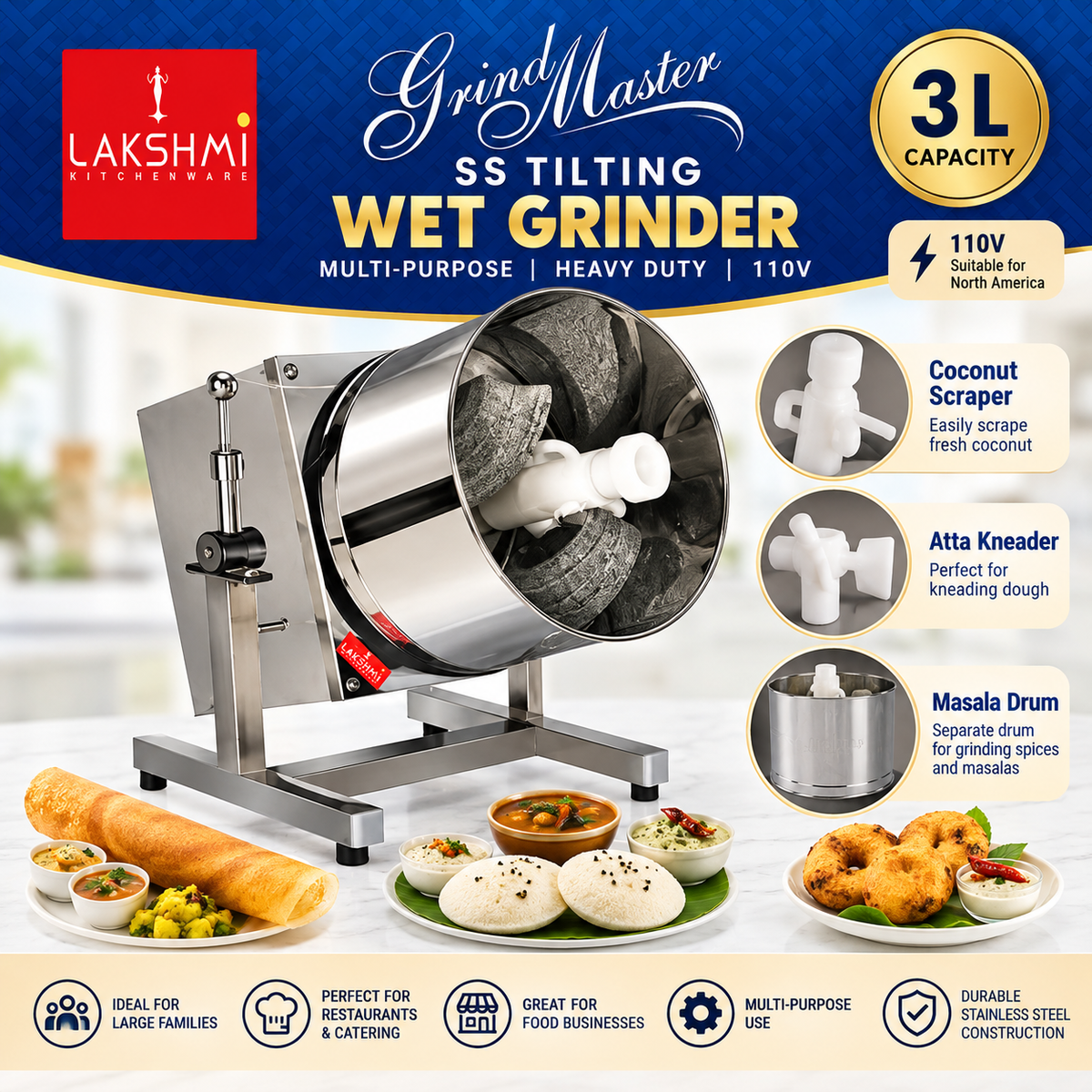 Laxmi 3L Tilting Wet Grinder – 110V